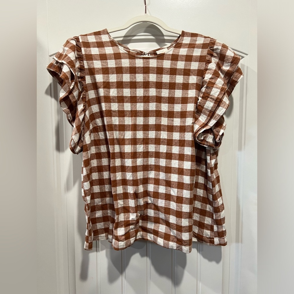 A New Day Gingham Ruffle Cap Sleeve Blouse